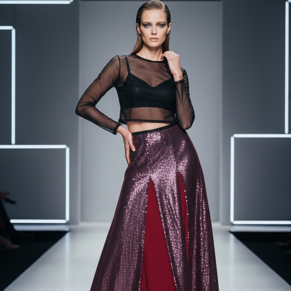 Zara Sequin Maxi Skirt - Maroon and Pink